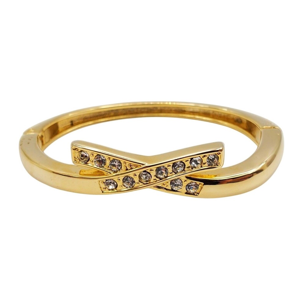 Crystal Hinged Bangle Retro Gold Tone Rhinestone Tennis Bracelet Magnetic Clasp